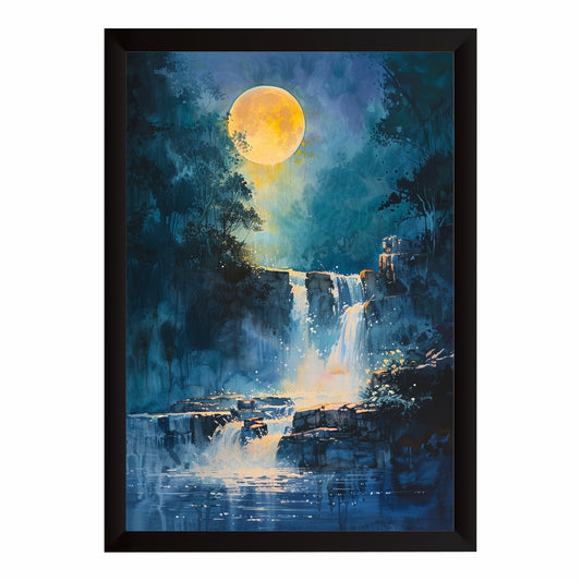 Moonlit Waterfall Wall Art | Blue Forest & Waterfall Landscape Artwork