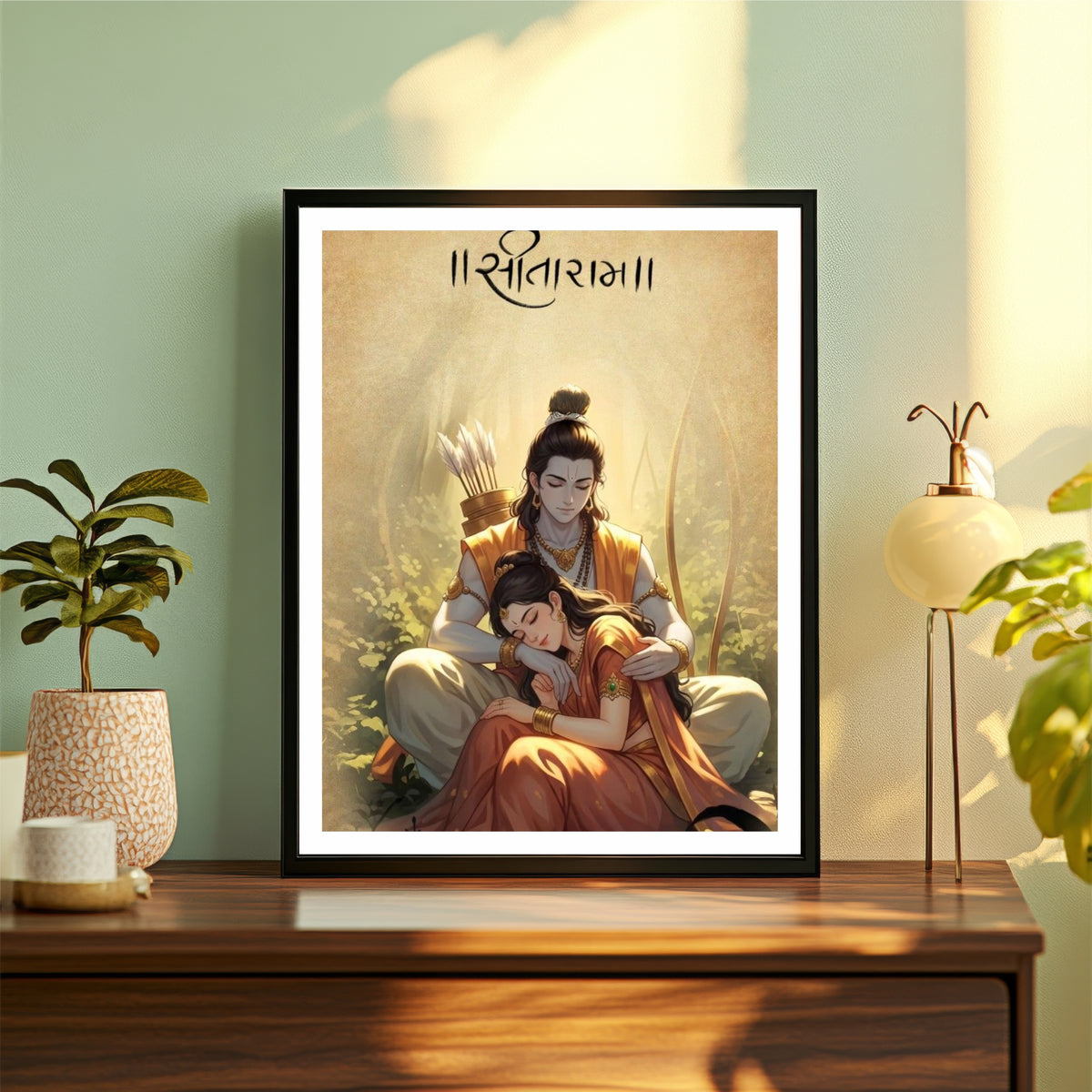 Sita Ram Wall Art | Lord Ram & Goddess Sita Forest Painting | Siya Ram Hindu Religious Wall Decor | Premium HD Framed Artwork