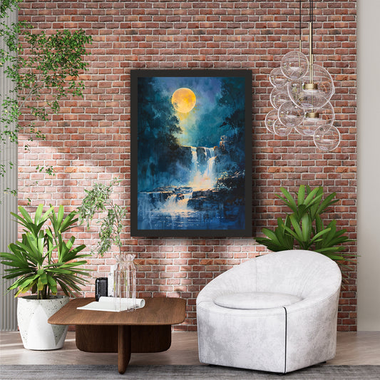Moonlit Waterfall Wall Art | Blue Forest & Waterfall Landscape Artwork