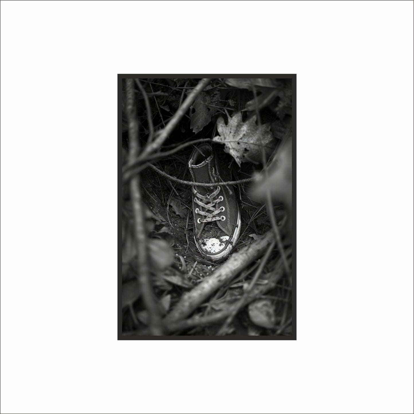 “Forgotten Trails – Lost Sneaker Art Frame” 🌲🥾🖤