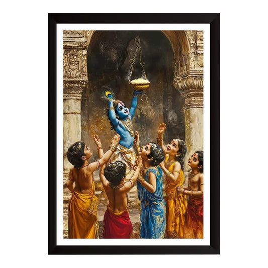 Bal Krishna Makhan Chor Wall Art | Little Krishna Butter Thief Painting | Hindu Religious Wall Decor | Premium HD Framed Artwork