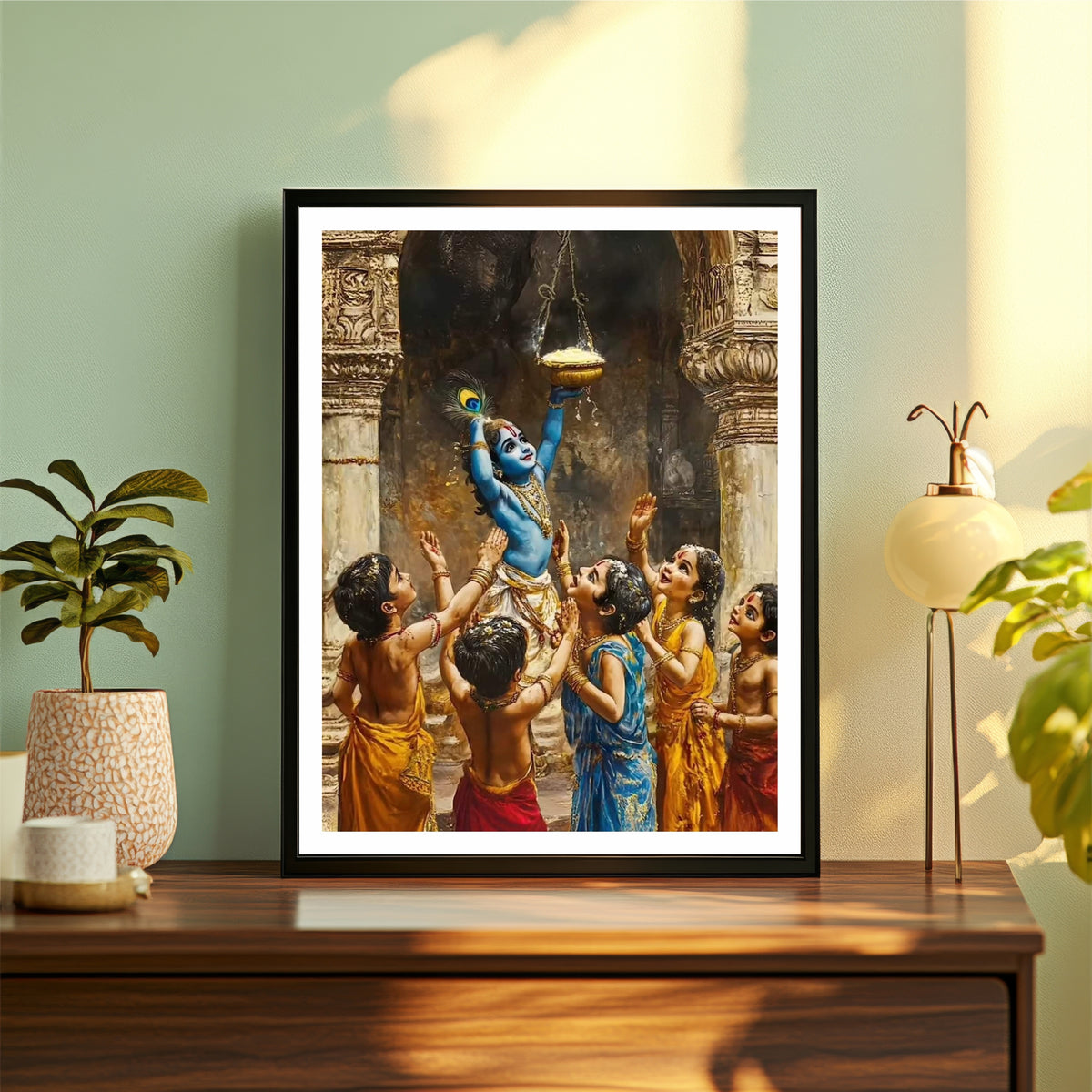Bal Krishna Makhan Chor Wall Art | Little Krishna Butter Thief Painting | Hindu Religious Wall Decor | Premium HD Framed Artwork