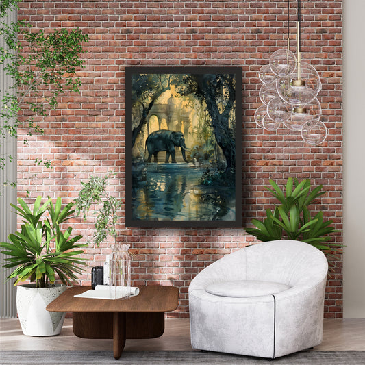 Mystical Elephant Forest Wall Art | Watercolor Jungle & Palace Artwork