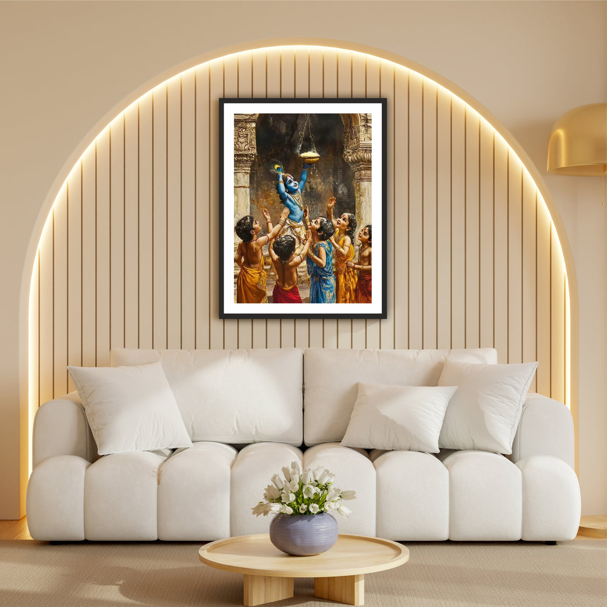 Bal Krishna Makhan Chor Wall Art | Little Krishna Butter Thief Painting | Hindu Religious Wall Decor | Premium HD Framed Artwork