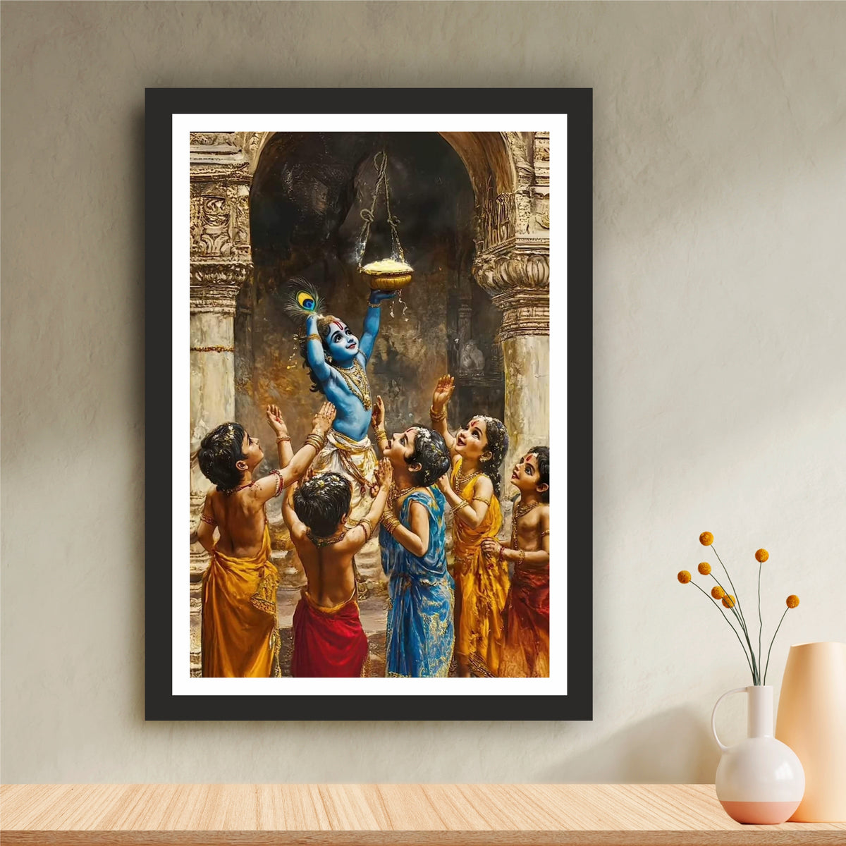 Bal Krishna Makhan Chor Wall Art | Little Krishna Butter Thief Painting | Hindu Religious Wall Decor | Premium HD Framed Artwork