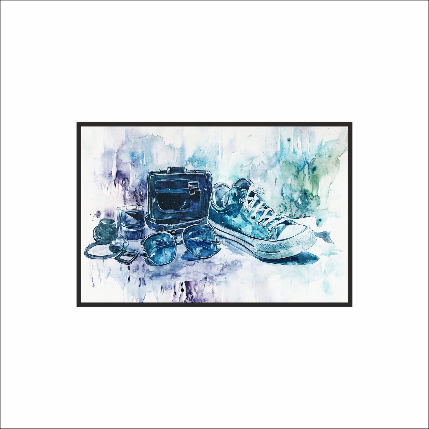 “Blue Wanderer – Watercolor Travel Sneaker Art Frame” 🎨👟💙