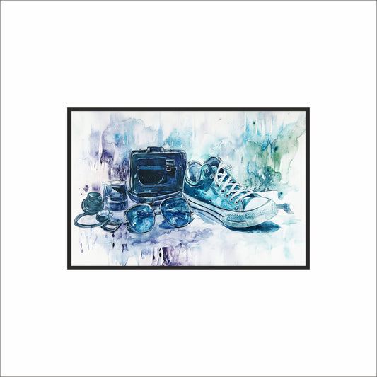 “Blue Wanderer – Watercolor Travel Sneaker Art Frame” 🎨👟💙