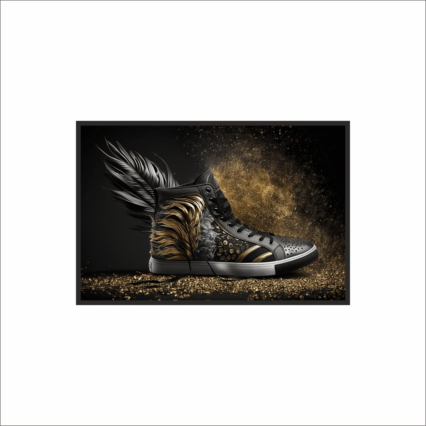 “Golden Fury – Black Winged Sneaker Art Frame” 🖤🪽✨