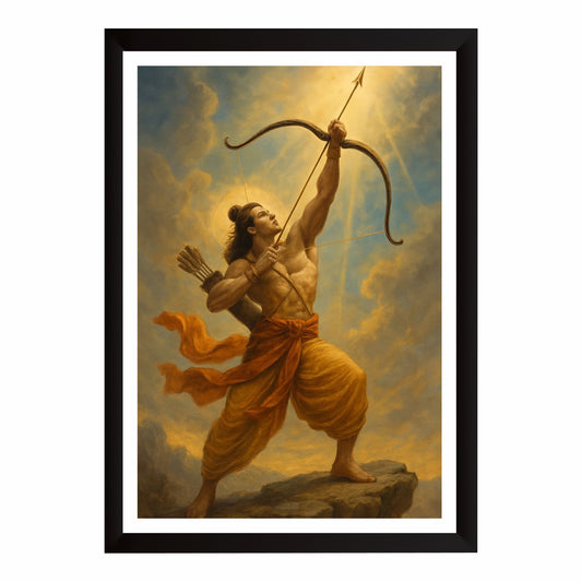 Lord Rama Wall Art | Shri Ram with Bow & Arrow Painting | Hindu Religious Wall Decor | Premium HD Framed Artwork