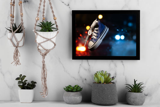 “Midnight Mini – Hanging Blue Sneaker Art Frame” 🌙👟✨