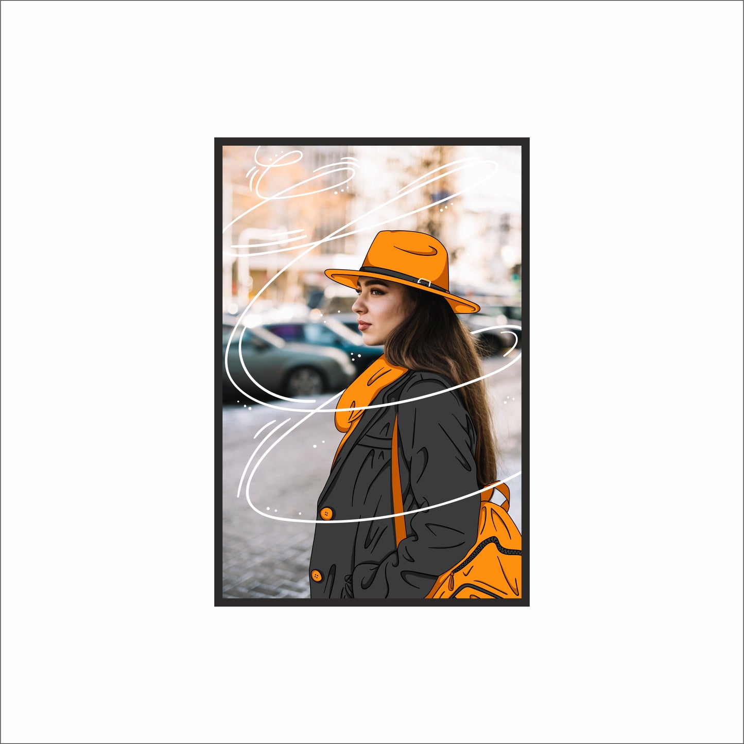 "Urban Muse – Orange Sketch Portrait Wall Art Photo Frame”