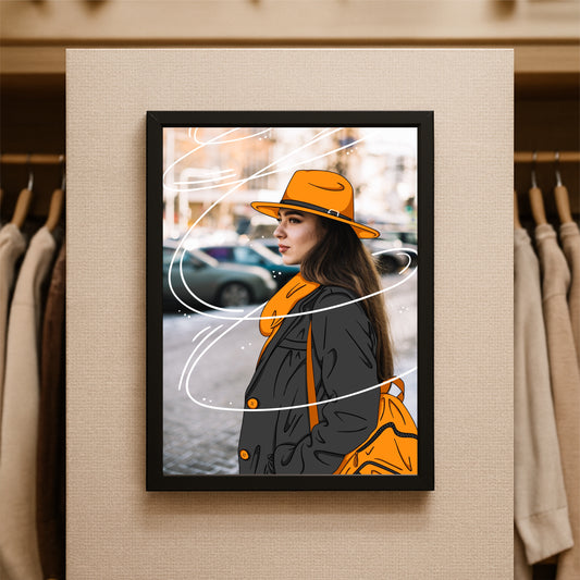 "Urban Muse – Orange Sketch Portrait Wall Art Photo Frame”