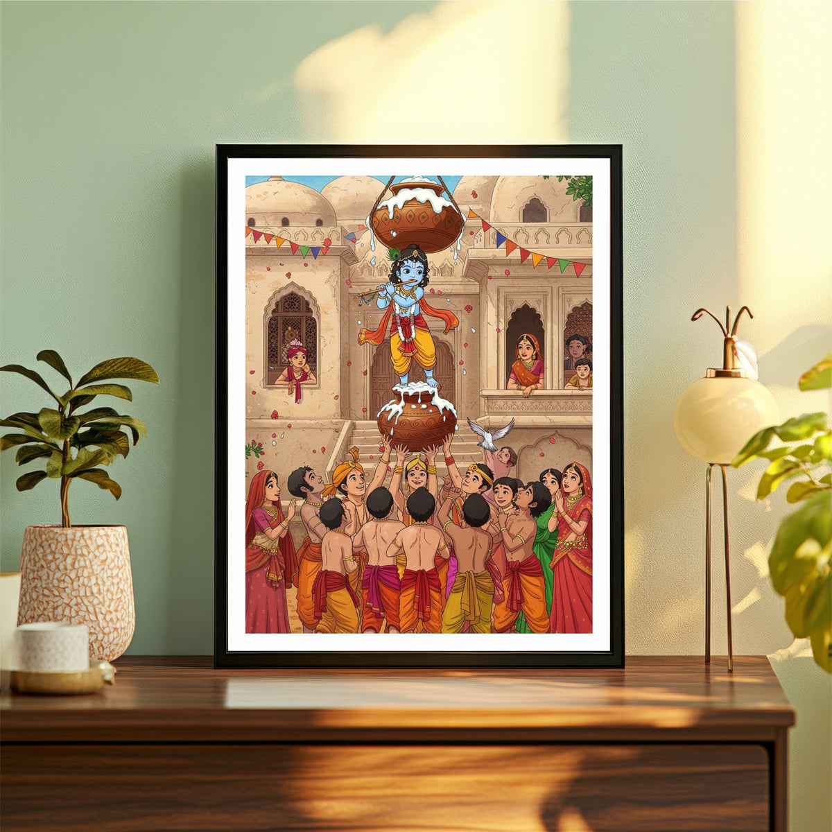 Bal Krishna Makhan Leela Wall Art | Krishna Butter Pot Painting | Vrindavan Janmashtami Hindu Religious Wall Decor | Premium HD Framed Artwork