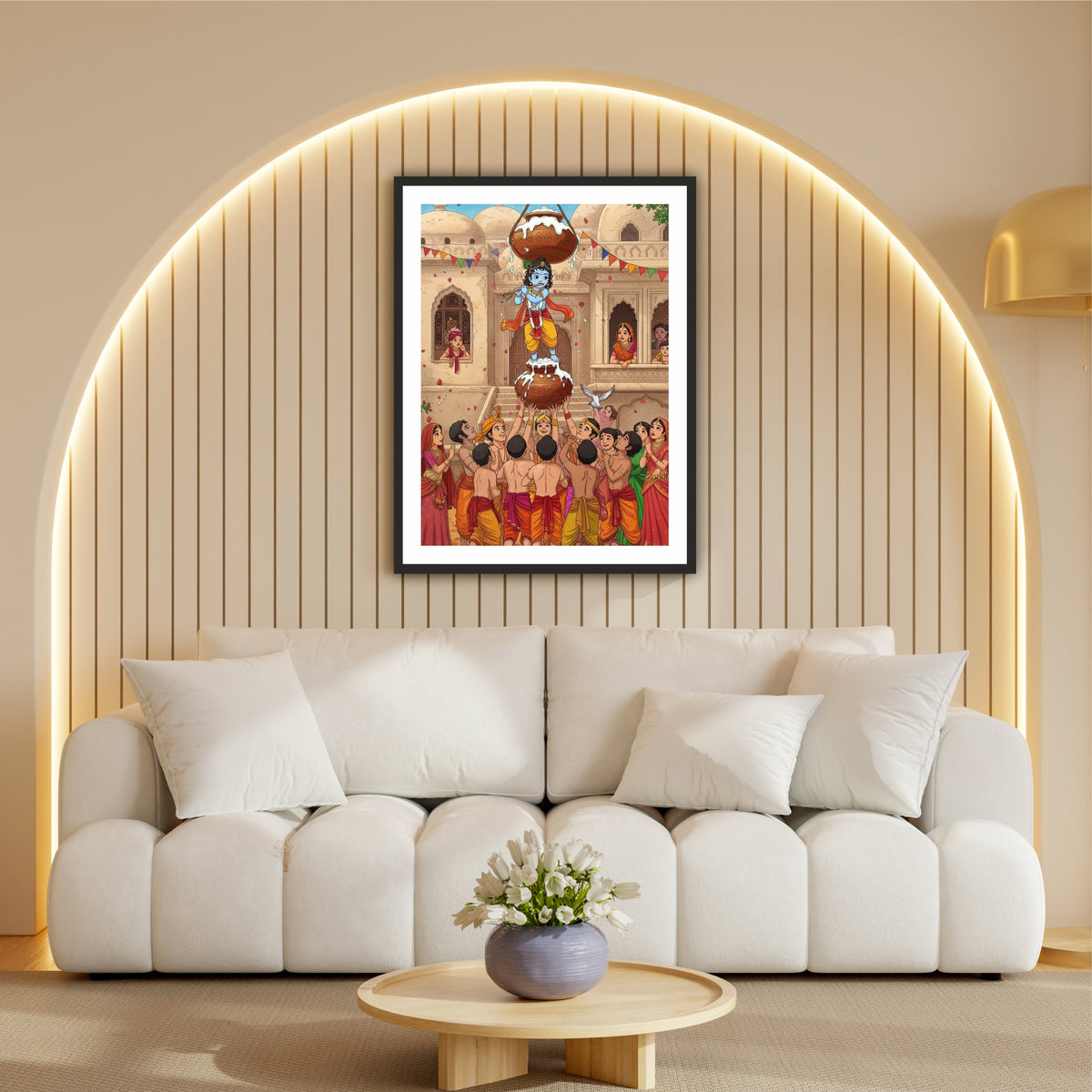 Bal Krishna Makhan Leela Wall Art | Krishna Butter Pot Painting | Vrindavan Janmashtami Hindu Religious Wall Decor | Premium HD Framed Artwork