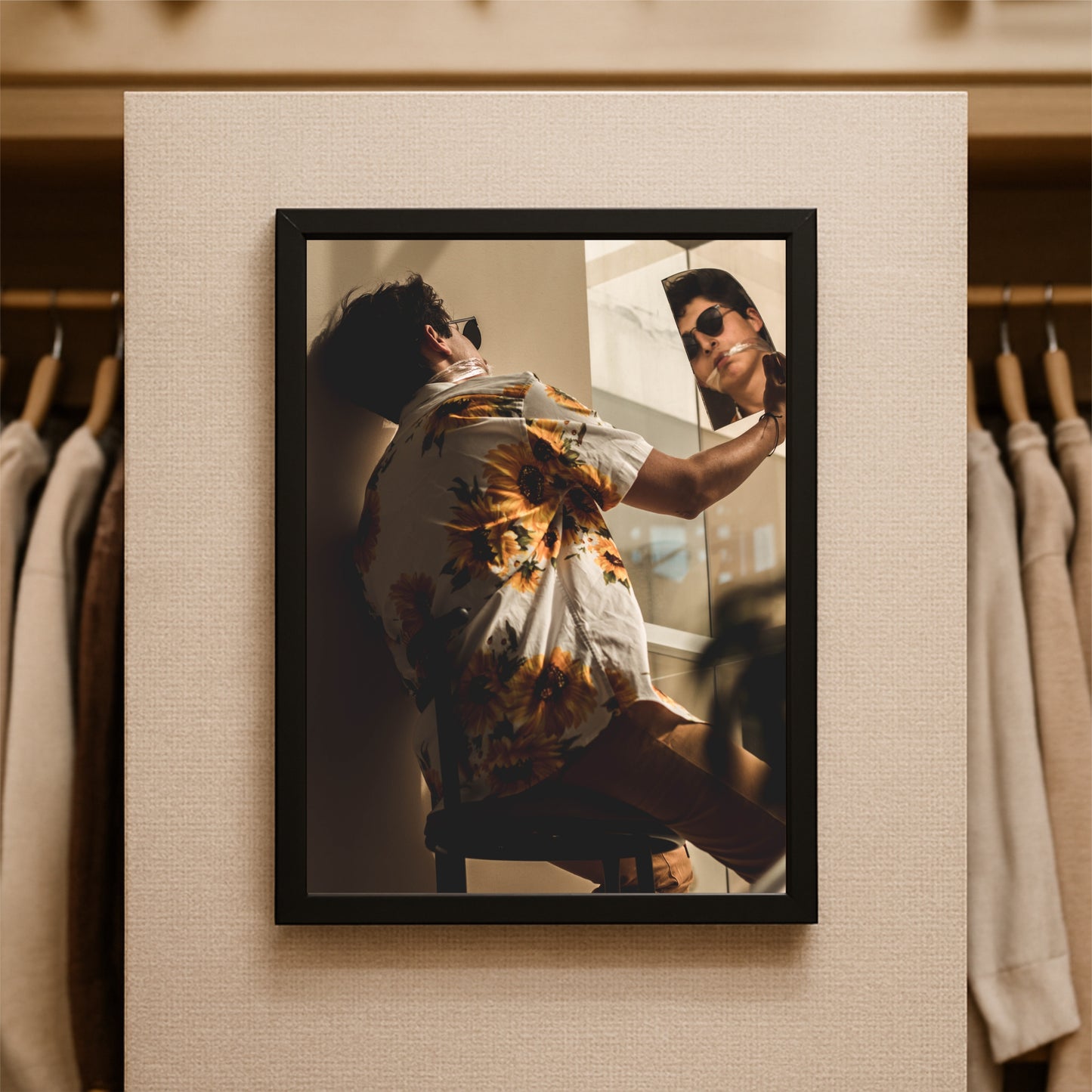“Sunlit Reflection – Floral Shirt Portrait Art Frame” ☀️🌻✨