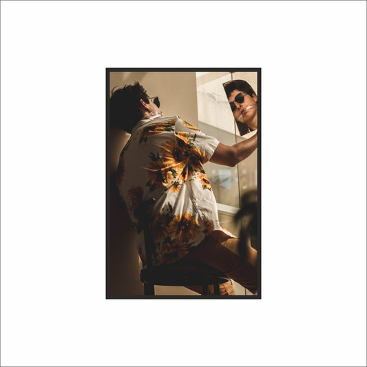 “Sunlit Reflection – Floral Shirt Portrait Art Frame” ☀️🌻✨