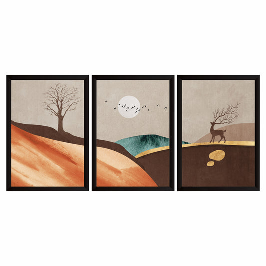 Abstract Desert Landscape Wall Art Set of 3 – Boho Mountain, Deer & Tree Minimalist Prints