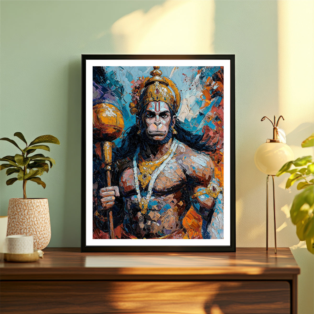 Lord Hanuman Abstract Wall Art | Bajrangbali Modern Painting | Hindu Religious Wall Decor | Premium HD Framed Artwork