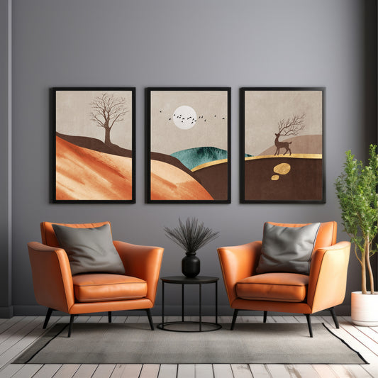 Abstract Desert Landscape Wall Art Set of 3 – Boho Mountain, Deer & Tree Minimalist Prints