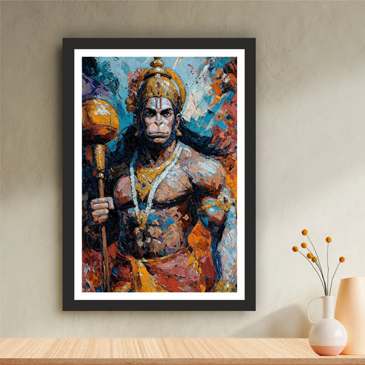 Lord Hanuman Abstract Wall Art | Bajrangbali Modern Painting | Hindu Religious Wall Decor | Premium HD Framed Artwork
