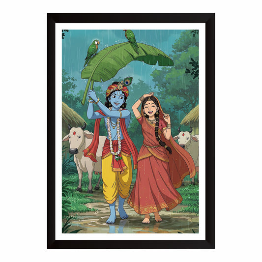 Radha Krishna Rain Scene Wall Art | Divine Love Painting | Vrindavan Hindu Religious Wall Decor | Premium HD Framed Artwork