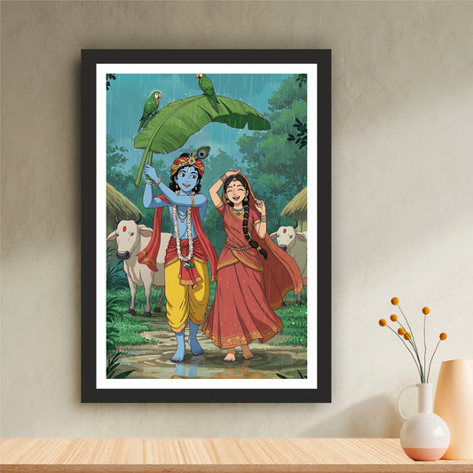 Radha Krishna Rain Scene Wall Art | Divine Love Painting | Vrindavan Hindu Religious Wall Decor | Premium HD Framed Artwork