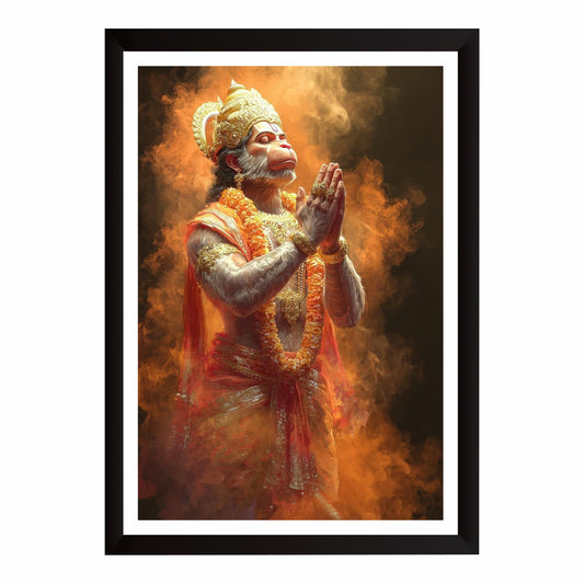 Lord Hanuman Prayer Wall Art | Bajrangbali Devotional Painting | Hindu Religious Wall Decor | Premium HD Framed Artwork