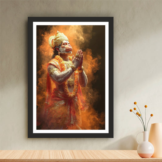 Lord Hanuman Prayer Wall Art | Bajrangbali Devotional Painting | Hindu Religious Wall Decor | Premium HD Framed Artwork