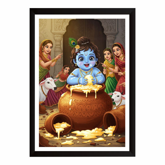 Bal Gopal Makhan Chor Wall Art | Baby Lord Krishna Butter Leela Painting | Hindu Religious Wall Decor | Premium HD Framed Artwork