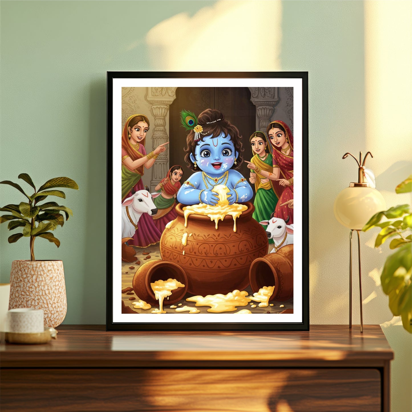 Bal Gopal Makhan Chor Wall Art | Baby Lord Krishna Butter Leela Painting | Hindu Religious Wall Decor | Premium HD Framed Artwork