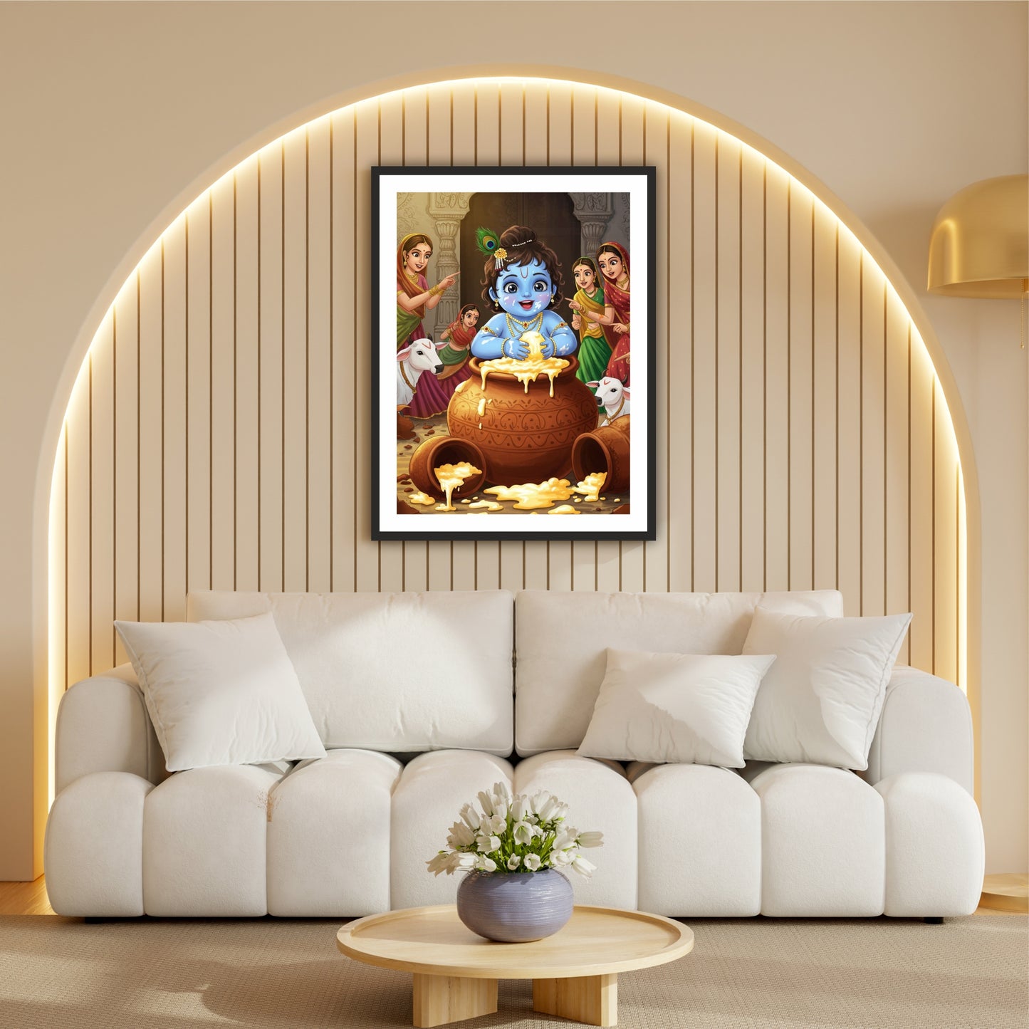 Bal Gopal Makhan Chor Wall Art | Baby Lord Krishna Butter Leela Painting | Hindu Religious Wall Decor | Premium HD Framed Artwork