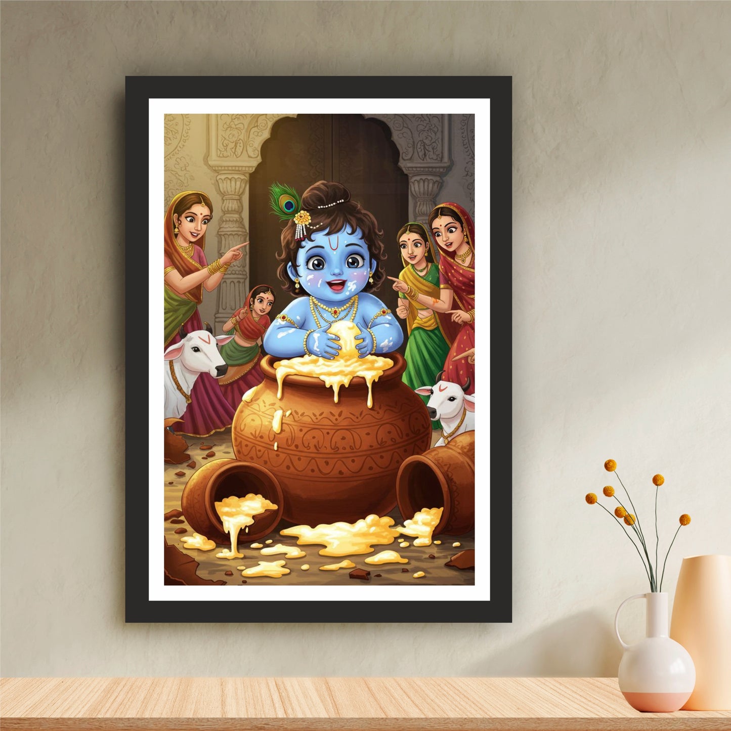 Bal Gopal Makhan Chor Wall Art | Baby Lord Krishna Butter Leela Painting | Hindu Religious Wall Decor | Premium HD Framed Artwork