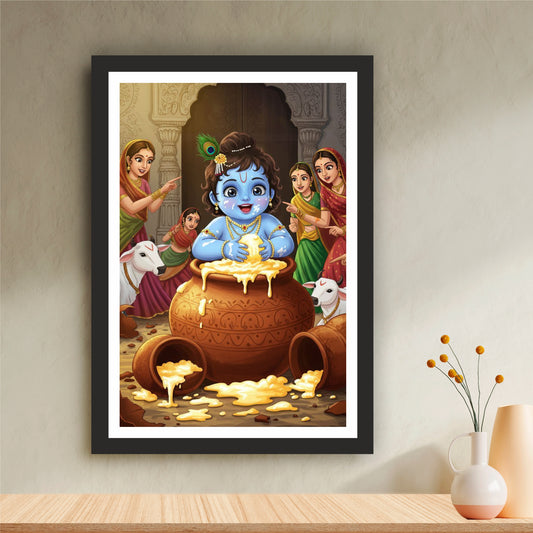 Bal Gopal Makhan Chor Wall Art | Baby Lord Krishna Butter Leela Painting | Hindu Religious Wall Decor | Premium HD Framed Artwork