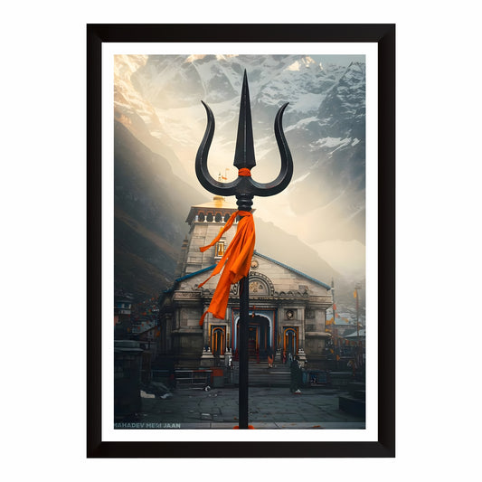 Kedarnath Temple Trishul Wall Art | Lord Shiva Jyotirlinga Devotional Painting | Hindu Religious Wall Decor | Premium HD Framed Artwork