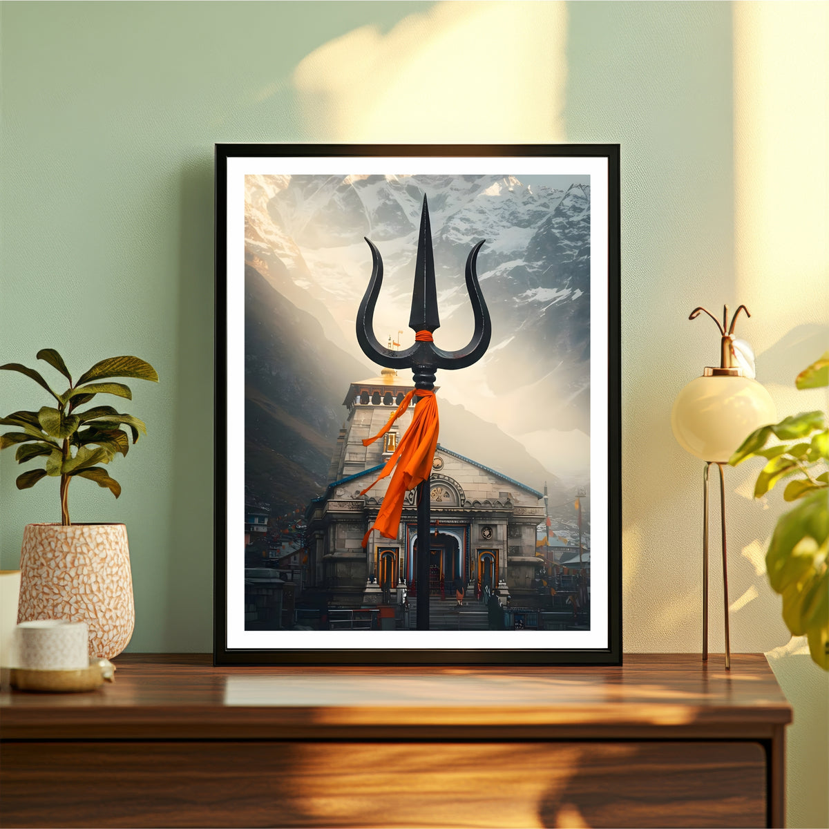Kedarnath Temple Trishul Wall Art | Lord Shiva Jyotirlinga Devotional Painting | Hindu Religious Wall Decor | Premium HD Framed Artwork
