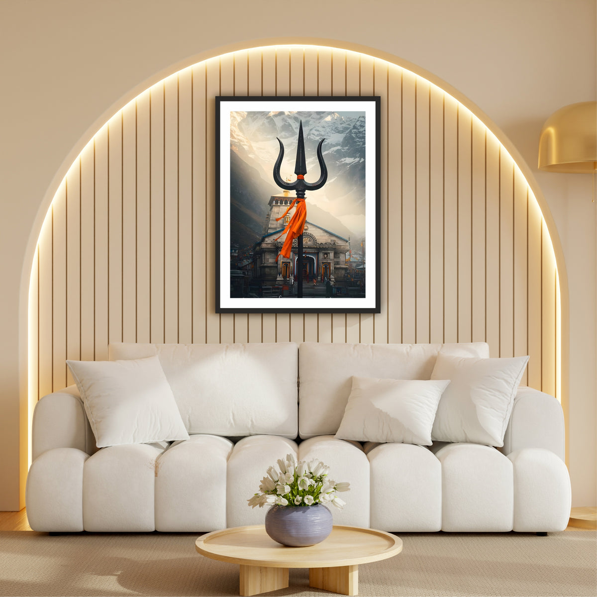 Kedarnath Temple Trishul Wall Art | Lord Shiva Jyotirlinga Devotional Painting | Hindu Religious Wall Decor | Premium HD Framed Artwork