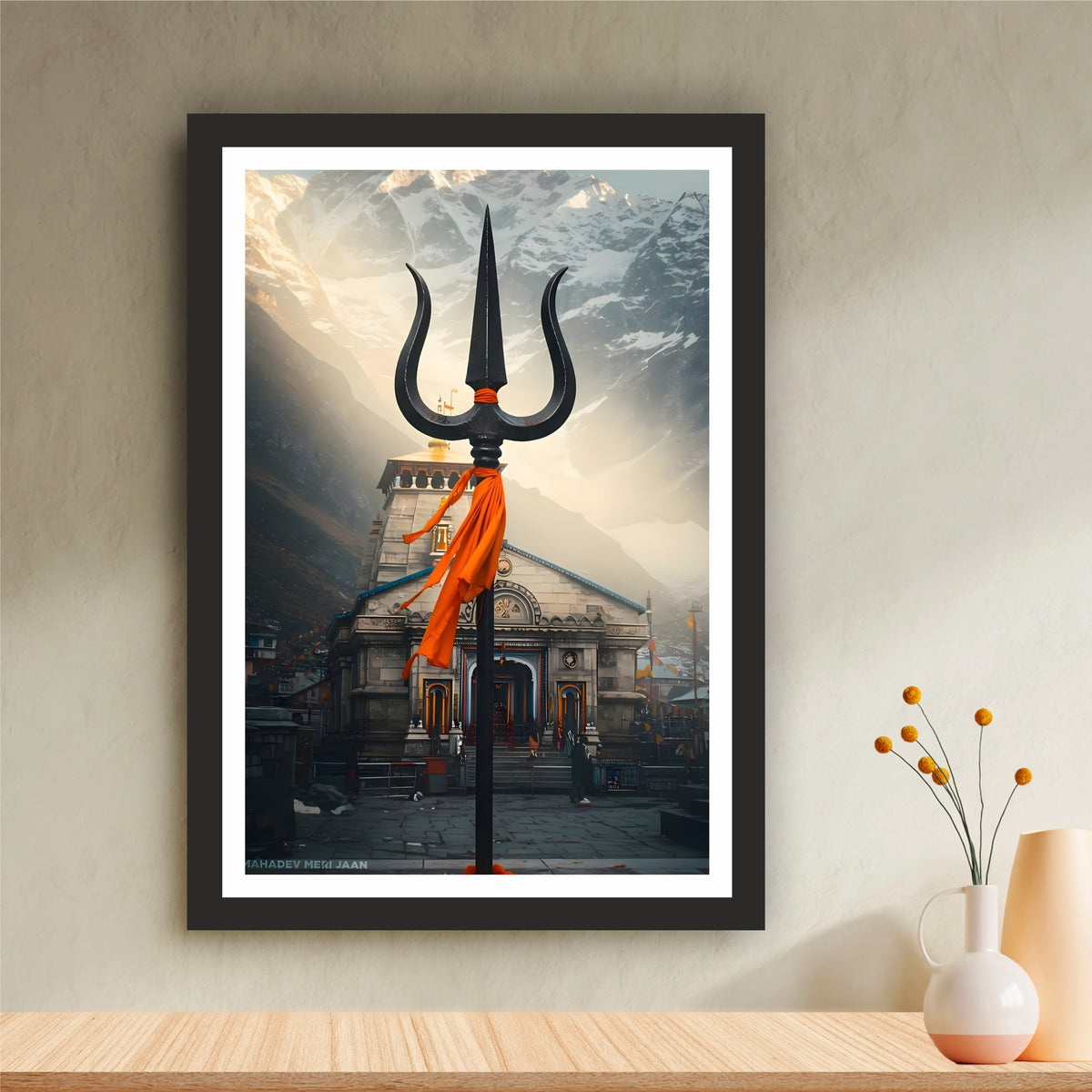 Kedarnath Temple Trishul Wall Art | Lord Shiva Jyotirlinga Devotional Painting | Hindu Religious Wall Decor | Premium HD Framed Artwork