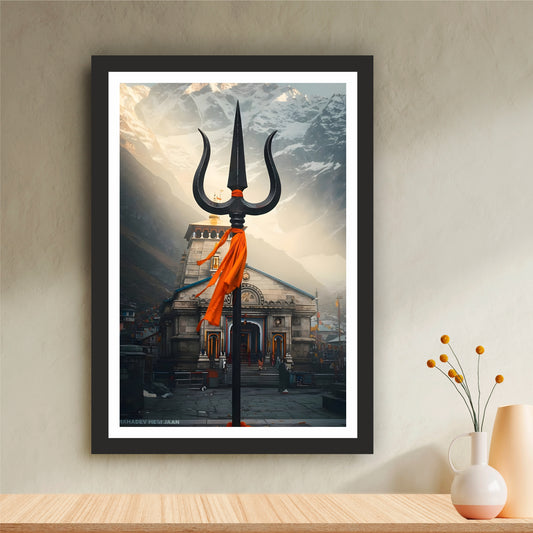 Kedarnath Temple Trishul Wall Art | Lord Shiva Jyotirlinga Devotional Painting | Hindu Religious Wall Decor | Premium HD Framed Artwork