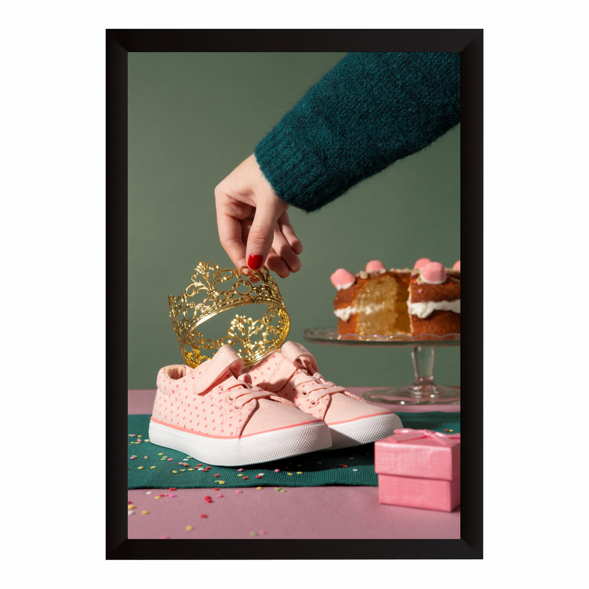Kids Shoes Wall Art | Pink Sneakers with Crown & Birthday Cake Artwork | Cute Footwear Photography | Kids Room Wall Decor