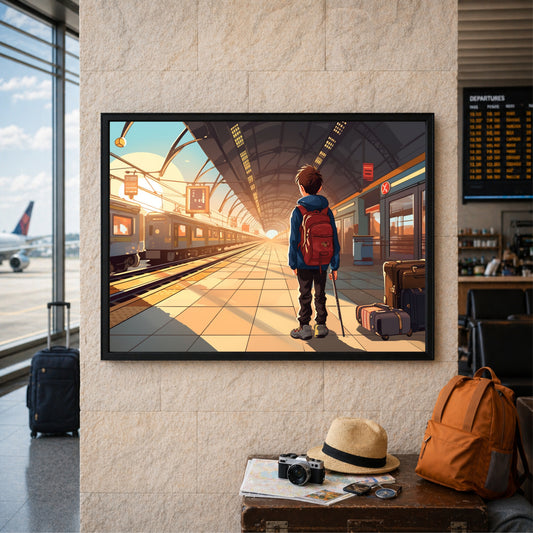 Train Station Travel Wall Art | Adventure Journey Canvas Print | Cartoon Travel Illustration Poster