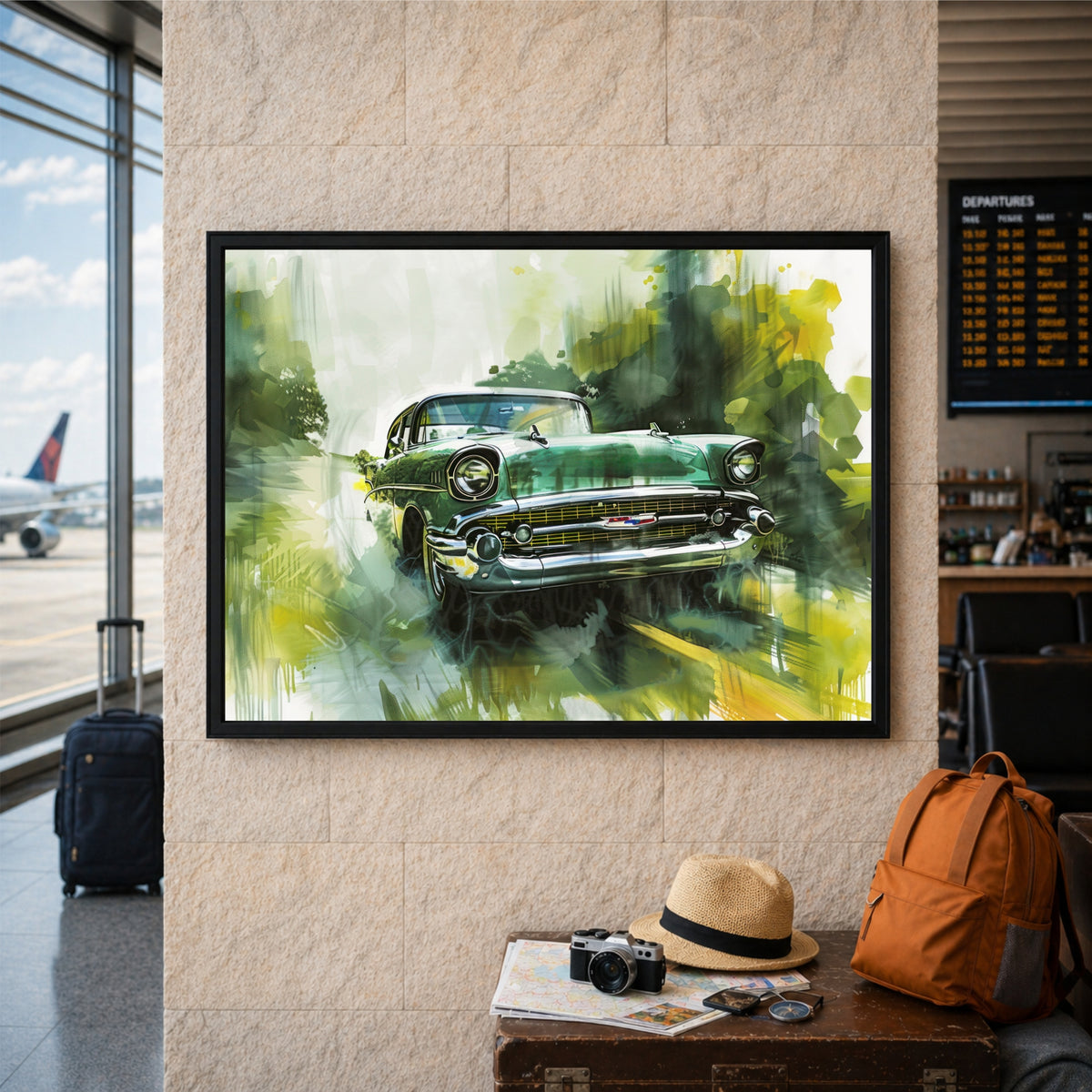 Classic Vintage Car Wall Art | Retro Green Automobile Watercolor Poster