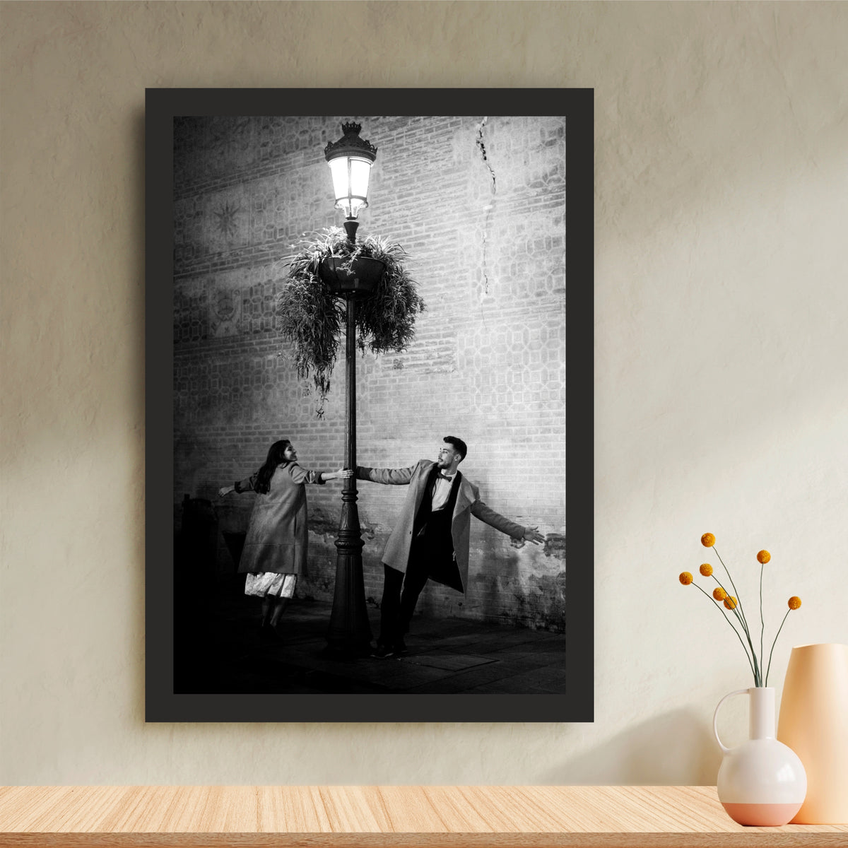 Romantic Black & White Street Lamp Wall Art | Vintage Couple Photography