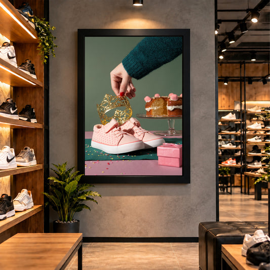 Kids Shoes Wall Art | Pink Sneakers with Crown & Birthday Cake Artwork | Cute Footwear Photography | Kids Room Wall Decor