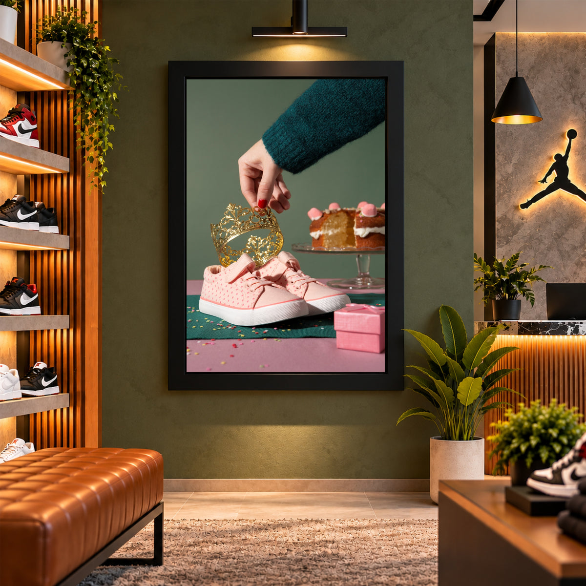 Kids Shoes Wall Art | Pink Sneakers with Crown & Birthday Cake Artwork | Cute Footwear Photography | Kids Room Wall Decor
