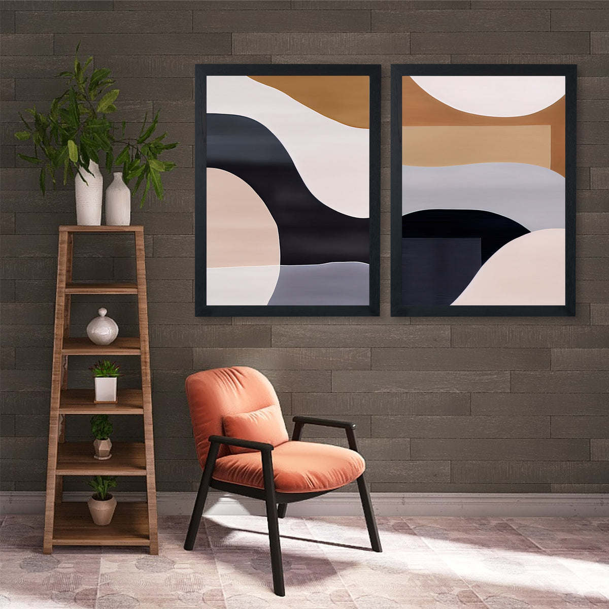 Modern Abstract Neutral Wall Art Set | Black Beige & Gray Decor