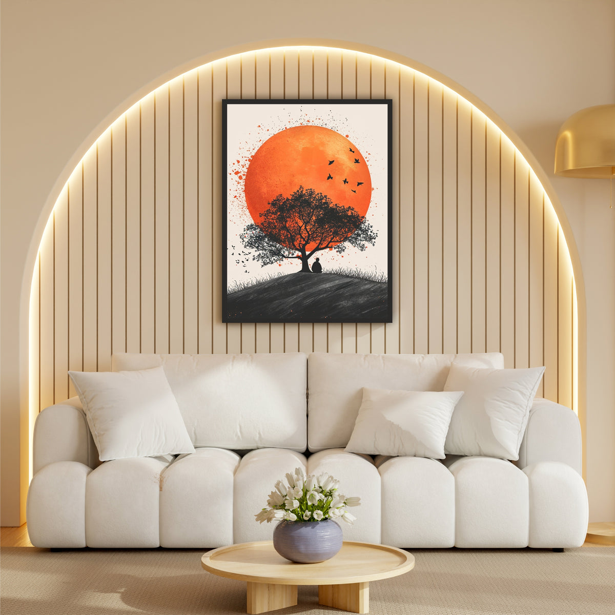 Tree Meditation Wall Art | Orange Sunset & Birds Silhouette Artwork