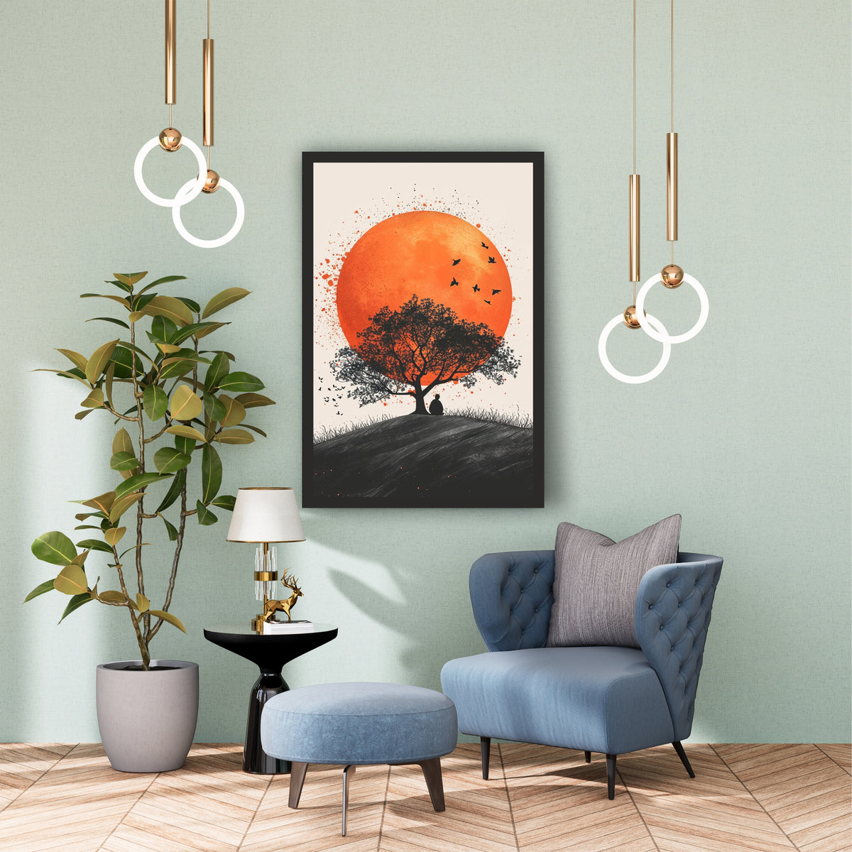Tree Meditation Wall Art | Orange Sunset & Birds Silhouette Artwork