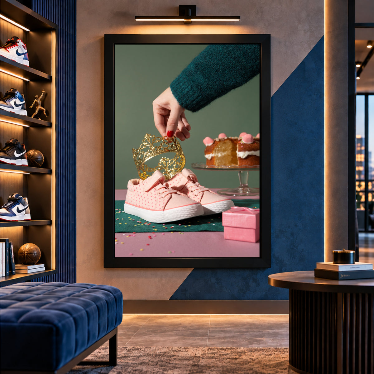 Kids Shoes Wall Art | Pink Sneakers with Crown & Birthday Cake Artwork | Cute Footwear Photography | Kids Room Wall Decor