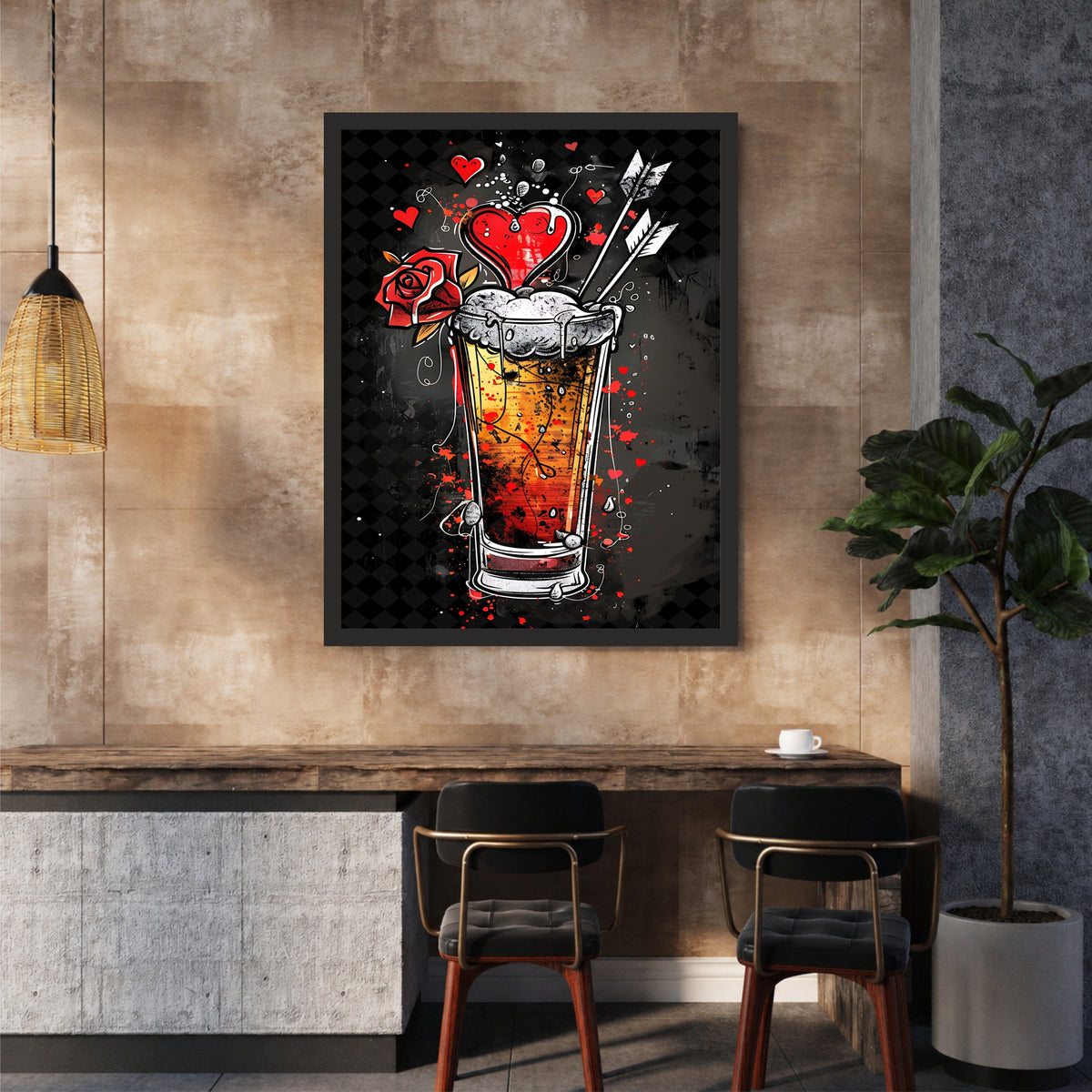 Beer Love Wall Art | Framed Beer & Heart Artwork | Romantic Bar & Pub Décor | Beer Lover Gift