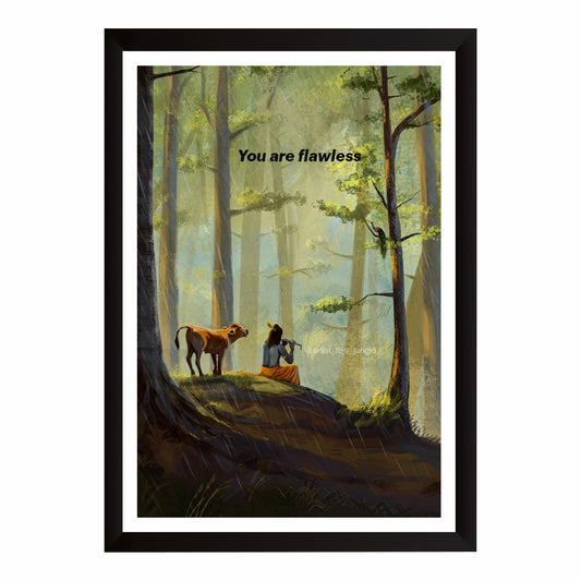 Lord Krishna Forest Wall Art | Divine Flute Meditation Painting | Hindu Religious Wall Decor | Premium HD Framed Artwork